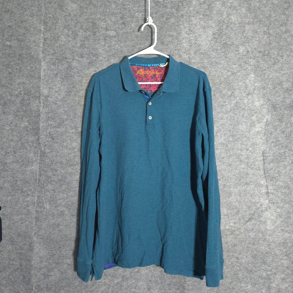 Robert Graham Polo Mens XL Teal Blue Long Sleeve Classic Fit Cotton Contrast